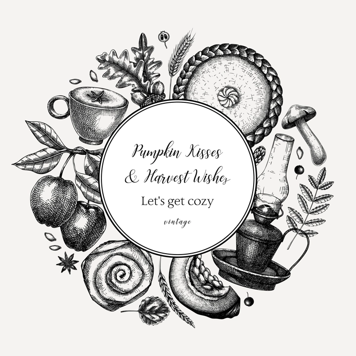 Autumn wreath design template. Hand-drawn vector illustration. Pumpkin, hot drink, fruit, pie, pastry, fall leaves sketches. Vintage fall card or invitation. Thanksgiving background